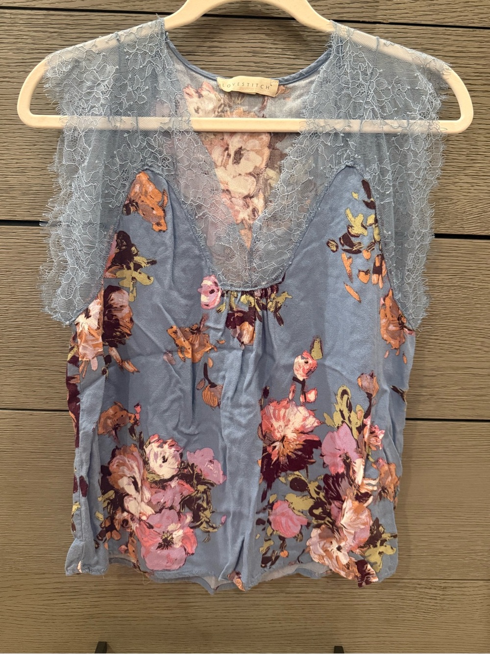 lovestitch Dusty Blue Floral Lace-Trim Camisole